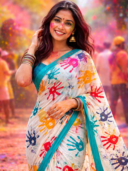 Shubhami Mal Cotton Rang Barse Holi Special Colorful Saree – Holi Festive Hand-Print Ethnic