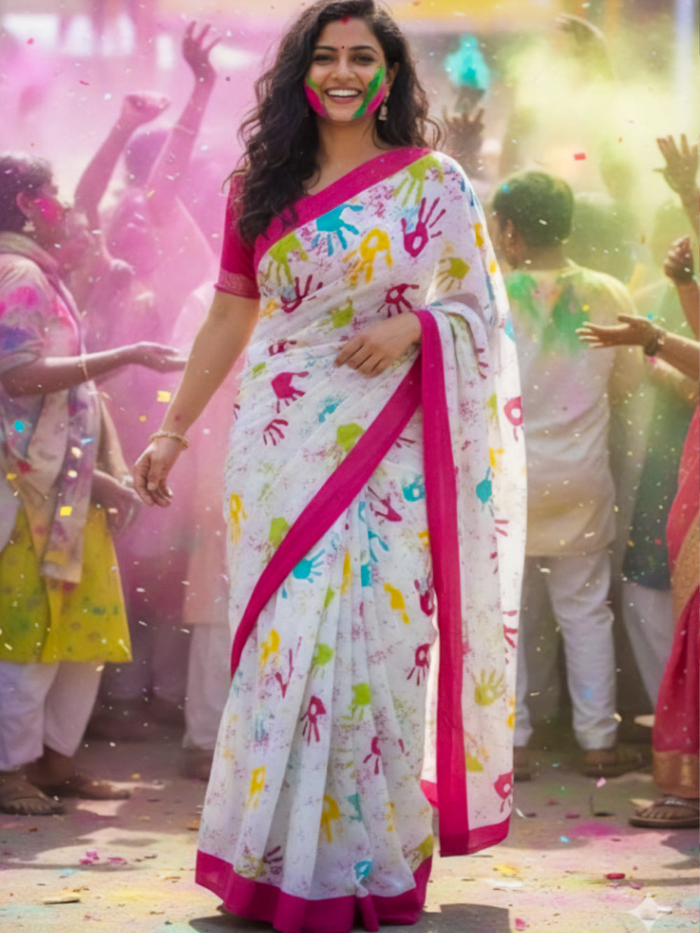 Mal Cotton Rang Barse Holi Special Colorful Saree – Holi Festive Hand-Print Ethnic