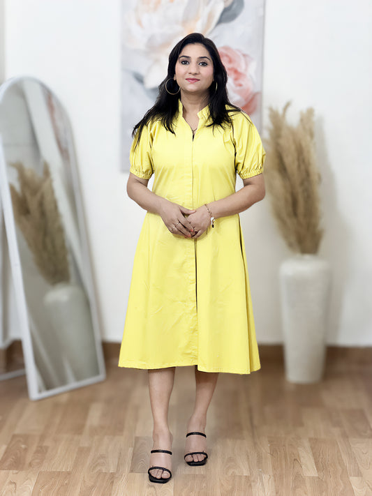 Cotton Yellow Mandarian Collar Midi – Bohemian Ethnic (S–5XL)