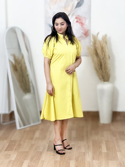 Cotton Yellow Mandarian Collar Midi – Bohemian Ethnic (S–5XL)