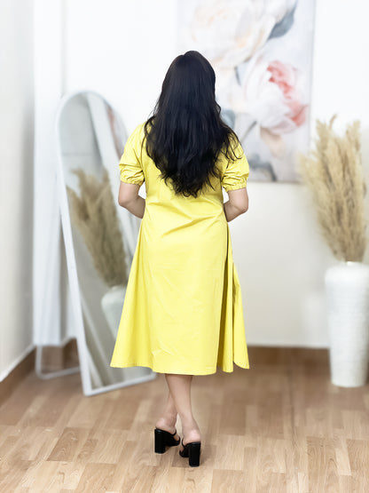 Cotton Yellow Mandarian Collar Midi – Bohemian Ethnic (S–5XL)