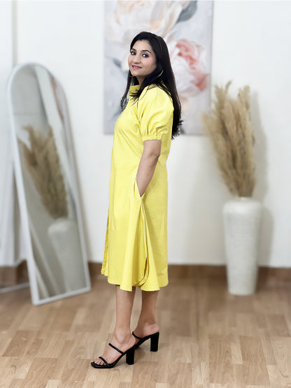 Cotton Yellow Mandarian Collar Midi – Bohemian Ethnic (S–5XL)