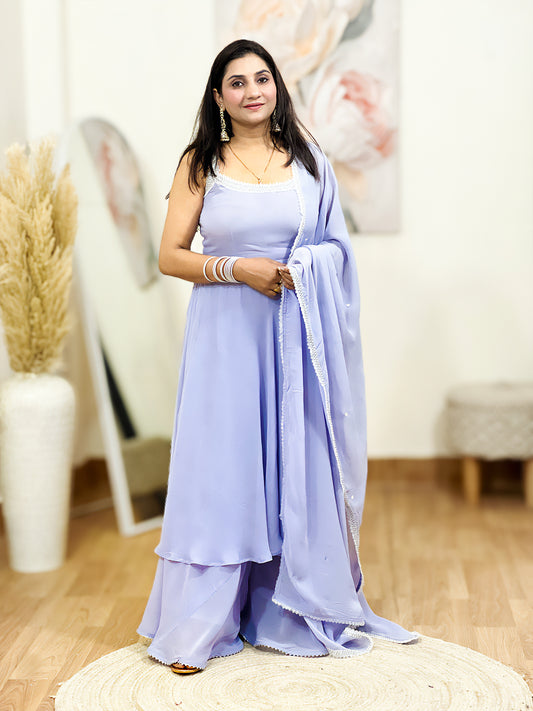 Lavender Mist Georgette Anarkali Palazzo Dupatta Set – Flowy Ethnic Luxury (S–5XL)
