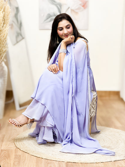 Lavender Mist Georgette Anarkali Palazzo Dupatta Set – Flowy Ethnic Luxury (S–5XL)
