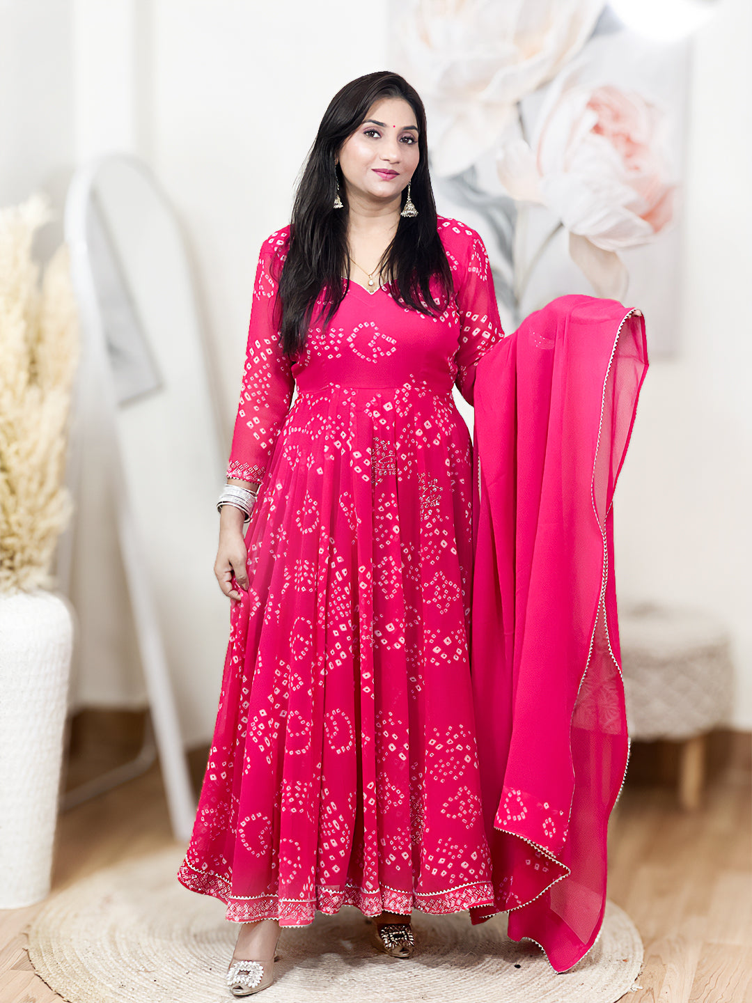 Rani Pink Bandhani Printed Anarkali Set – Vibrant Traditional Festive Ethnic (S–5XL)