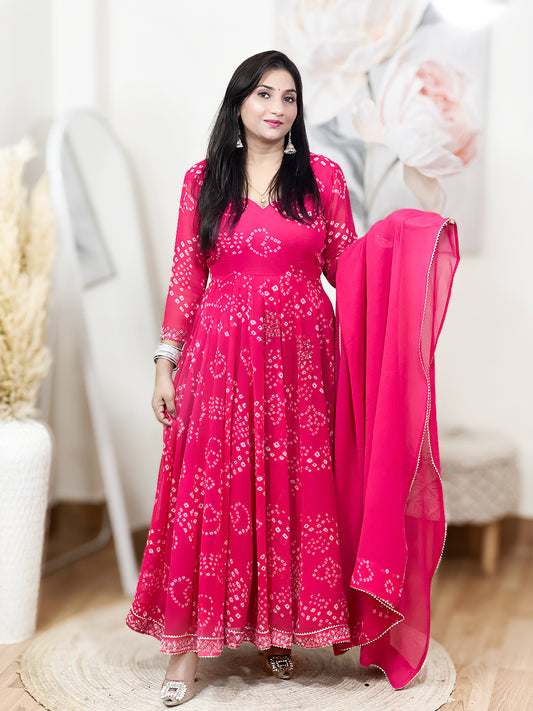 Rani Pink Bandhani Printed Anarkali Set – Vibrant Traditional Festive Ethnic (S–5XL)