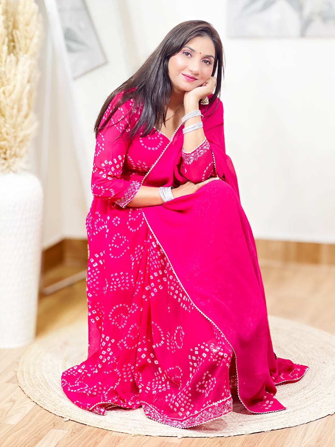 Rani Pink Bandhani Printed Anarkali Set – Vibrant Traditional Festive Ethnic (S–5XL)