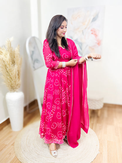 Rani Pink Bandhani Printed Anarkali Set – Vibrant Traditional Festive Ethnic (S–5XL)