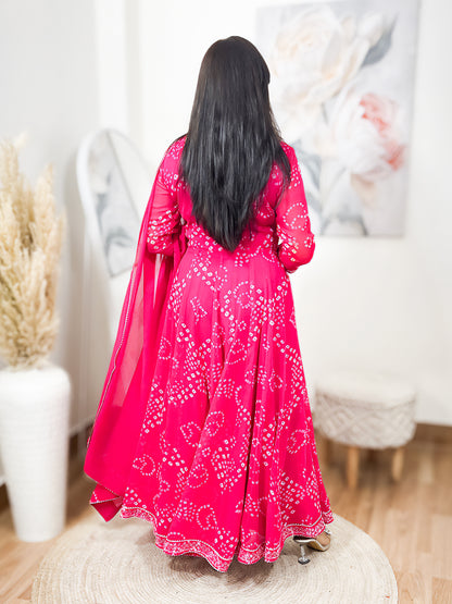 Rani Pink Bandhani Printed Anarkali Set – Vibrant Traditional Festive Ethnic (S–5XL)