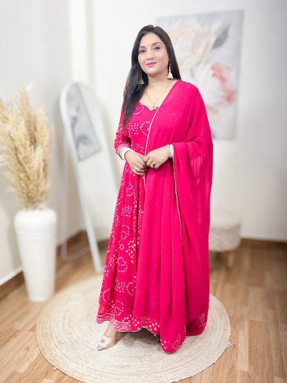 Rani Pink Bandhani Printed Anarkali Set – Vibrant Traditional Festive Ethnic (S–5XL)
