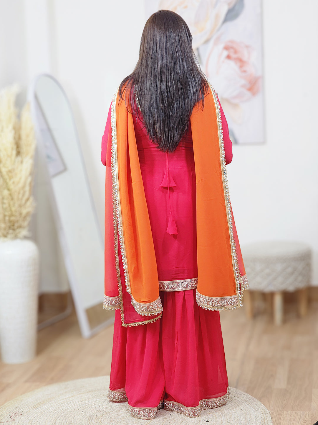 Georgette Fiery Rose Sunset Orange Sharara Dupatta Set – Bold Ethnic Festive (S–5XL)