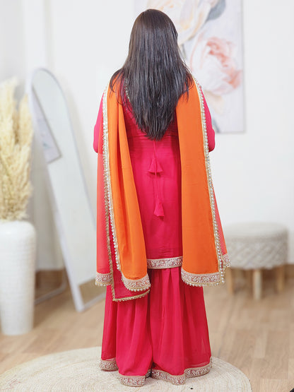 Georgette Fiery Rose Sunset Orange Sharara Dupatta Set – Bold Ethnic Festive (S–5XL)