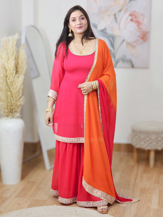 Georgette Fiery Rose Sunset Orange Sharara Dupatta Set – Bold Ethnic Festive (S–5XL)