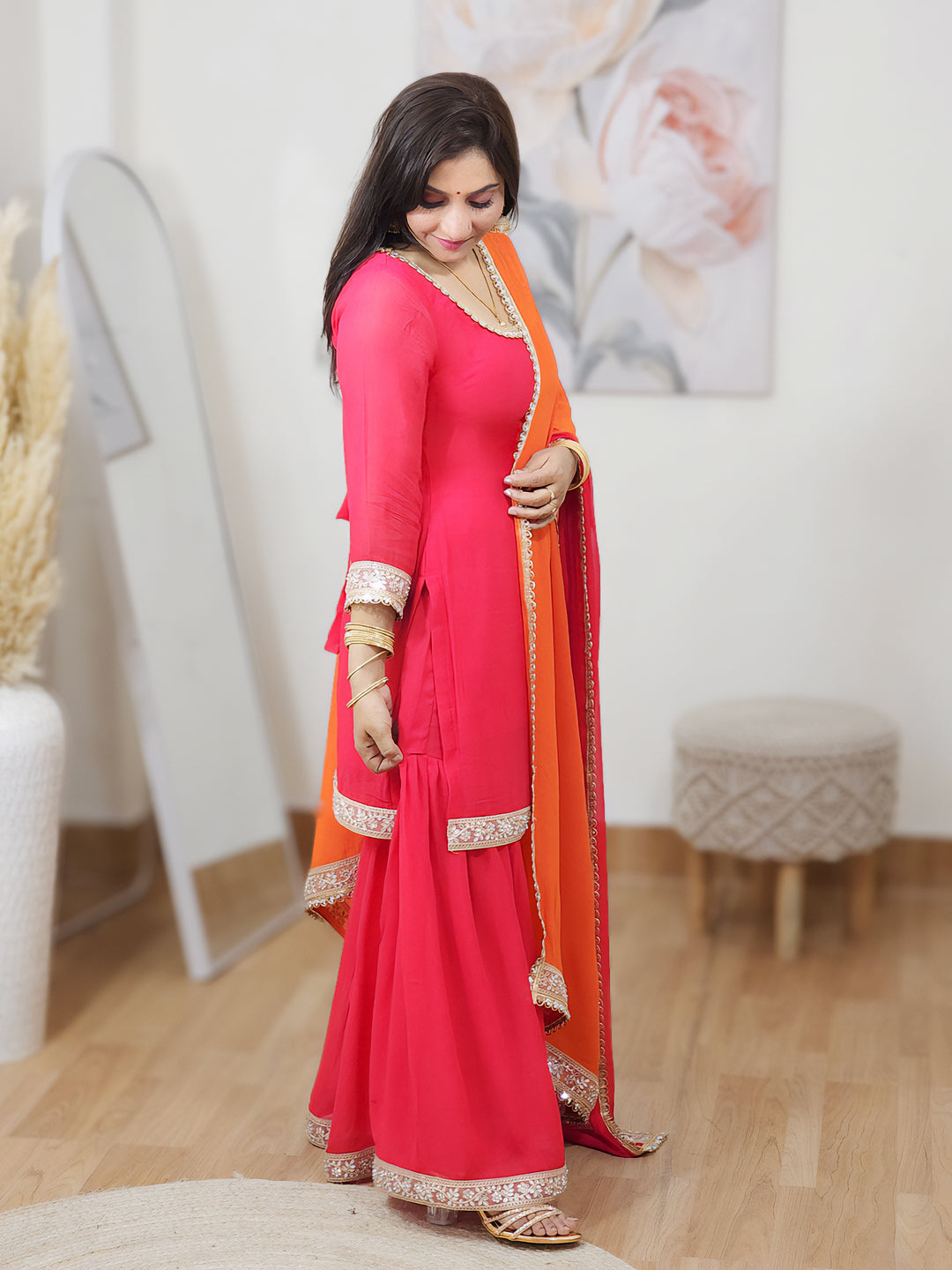 Georgette Fiery Rose Sunset Orange Sharara Dupatta Set – Bold Ethnic Festive (S–5XL)