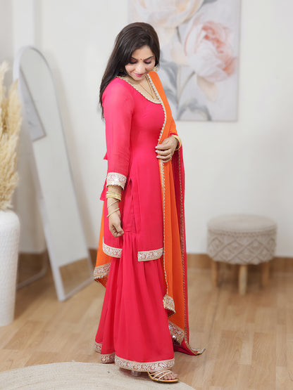 Georgette Fiery Rose Sunset Orange Sharara Dupatta Set – Bold Ethnic Festive (S–5XL)