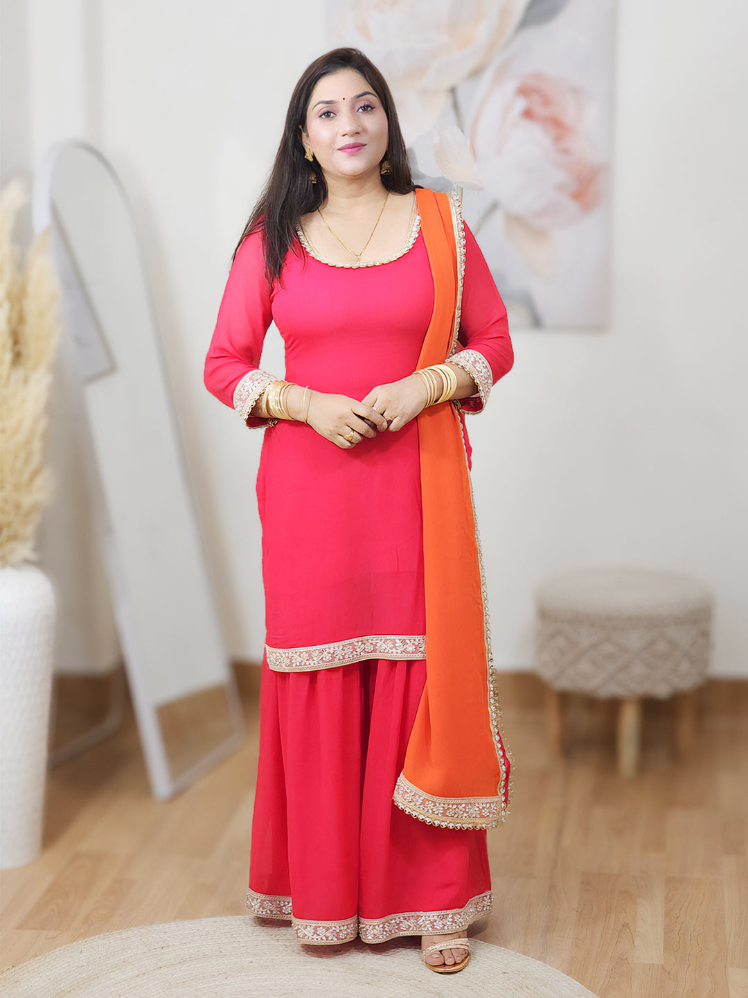 Georgette Fiery Rose Sunset Orange Sharara Dupatta Set – Bold Ethnic Festive (S–5XL)