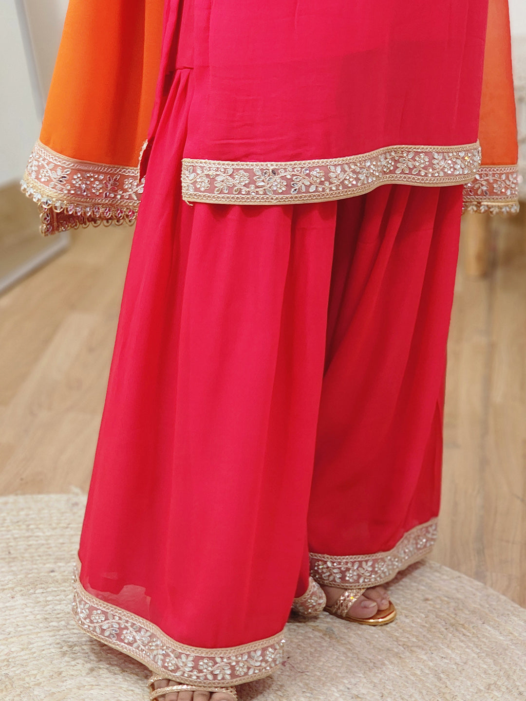 Georgette Fiery Rose Sunset Orange Sharara Dupatta Set – Bold Ethnic Festive (S–5XL)