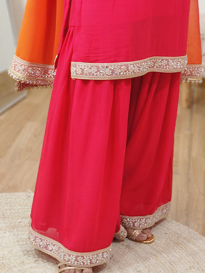 Georgette Fiery Rose Sunset Orange Sharara Dupatta Set – Bold Ethnic Festive (S–5XL)