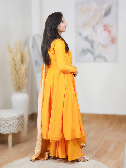 Orange Crepe Anarkali Kurta Palazzo Set with Dupatta – Sunny Flared Festive Ethnic (S–5XL)