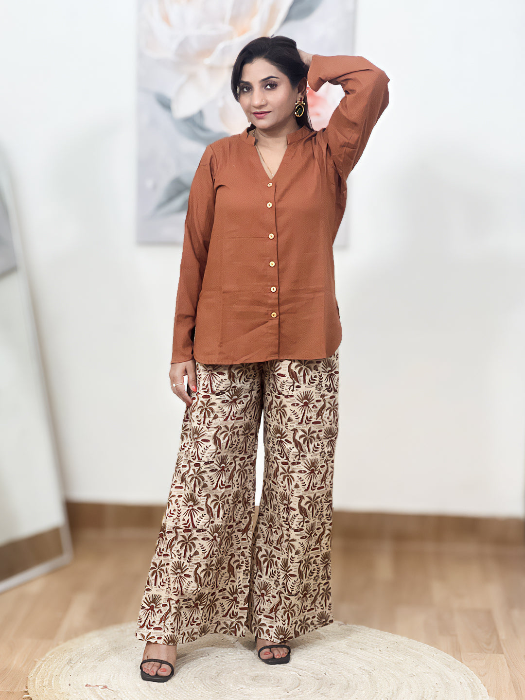 Cotton Terracotta Rust Tunic & Kalamkari Print Palazzo Set – Bohemian Ethnic