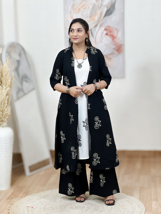 Cotton Black & White Cycle Print Long Shrug Palazzo Set – Bohemian Ethnic