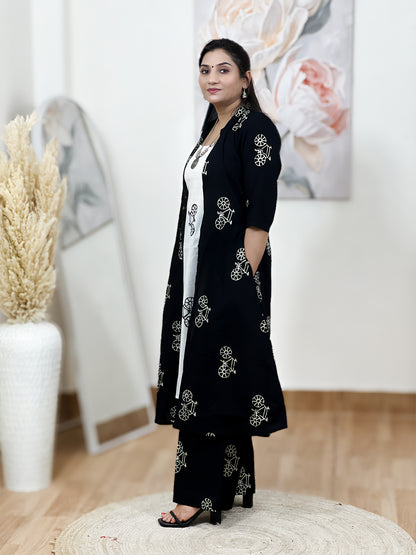 Cotton Black & White Cycle Print Long Shrug Palazzo Set – Bohemian Ethnic