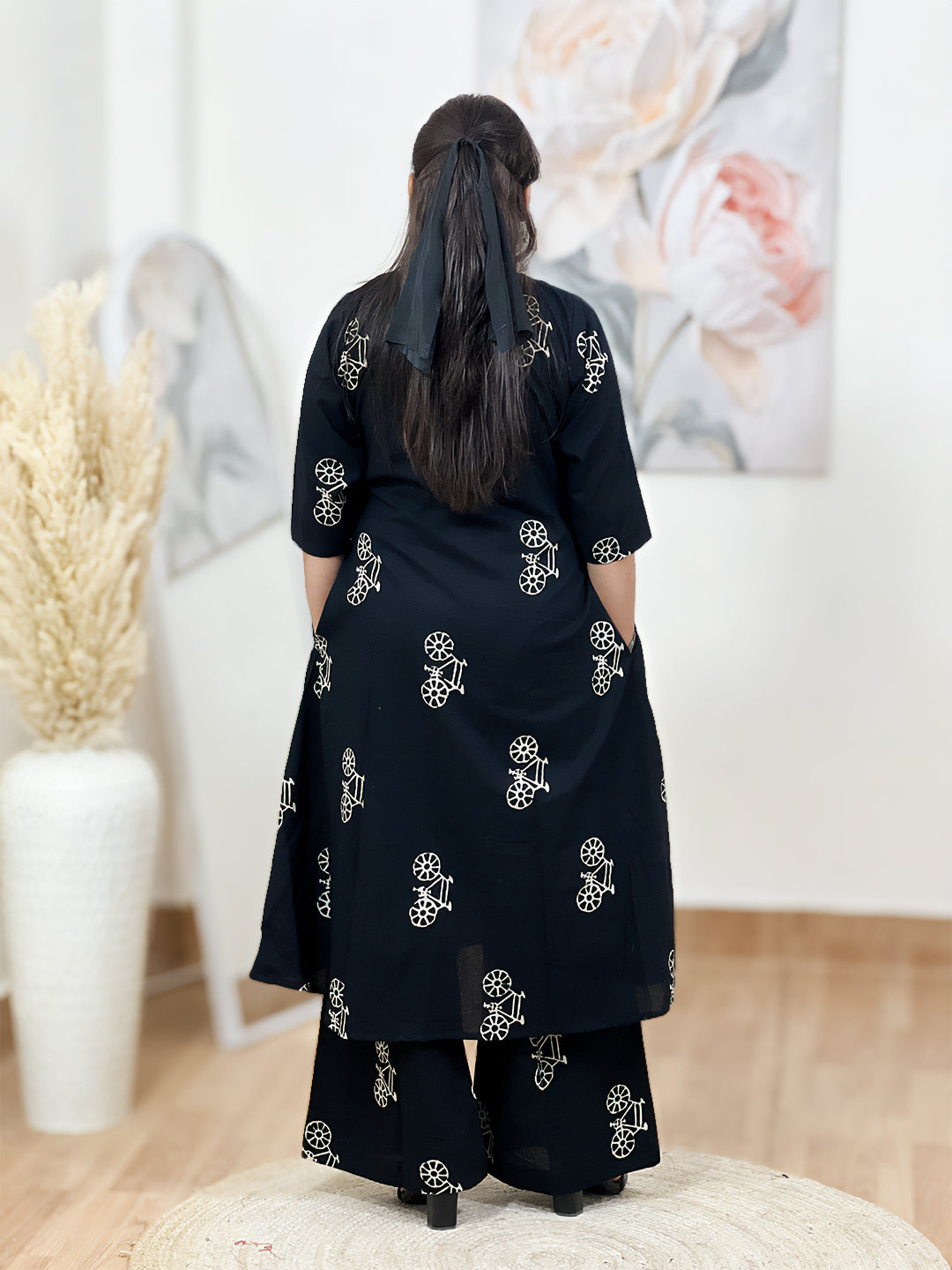 Cotton Black & White Cycle Print Long Shrug Palazzo Set – Bohemian Ethnic