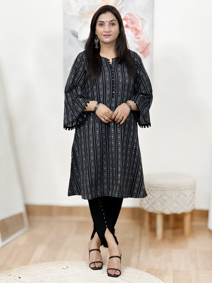 Cotton Midnight Black Geometric Stripe Tunic & Tulip Pant Set – Bohemian Ethnic (S–5XL)