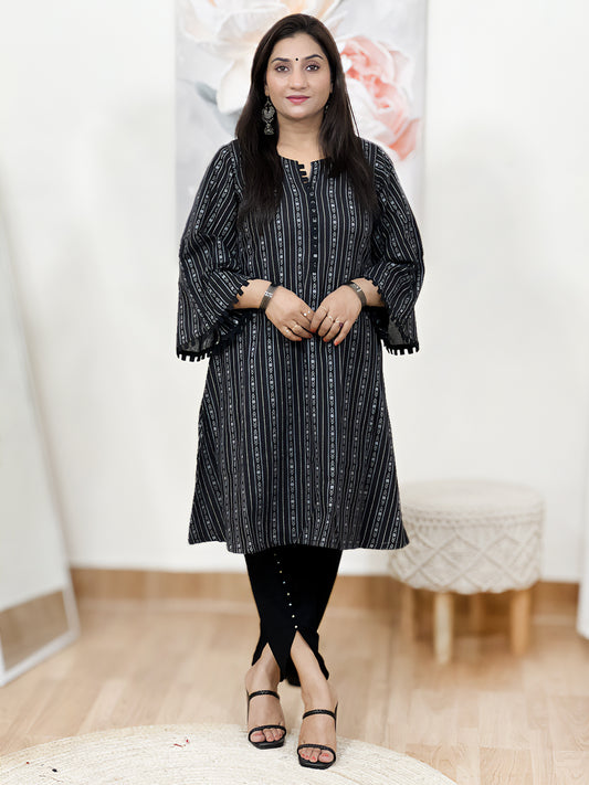 Cotton Midnight Black Geometric Stripe Tunic & Tulip Pant Set – Bohemian Ethnic (S–5XL)