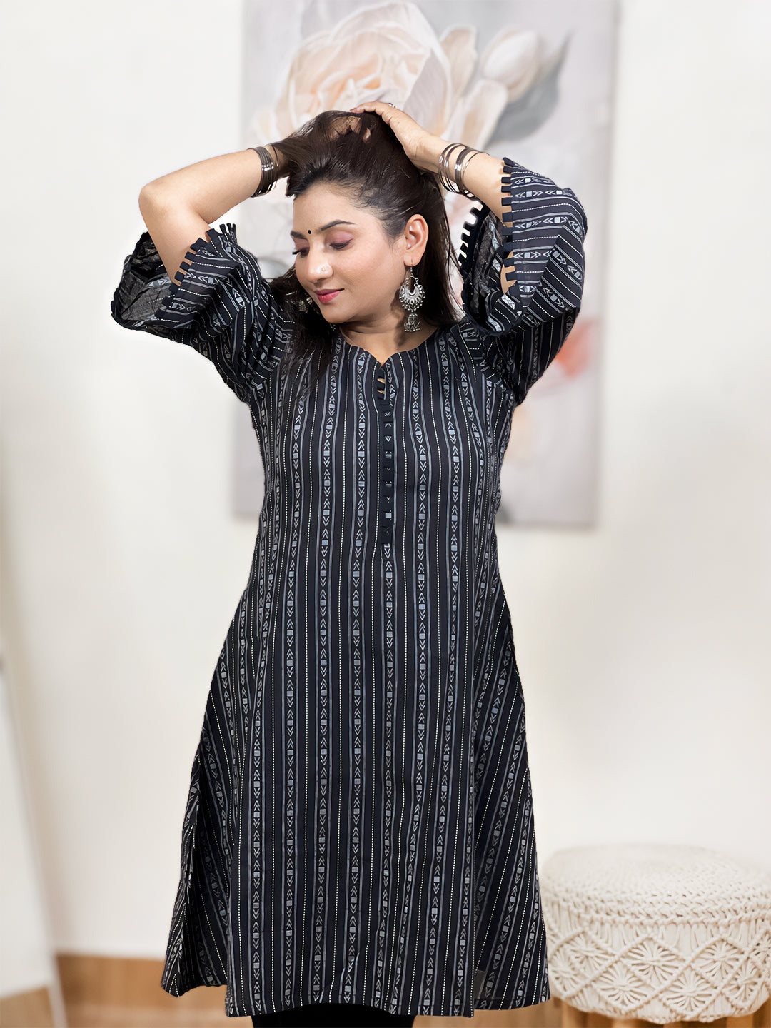Cotton Midnight Black Geometric Stripe Tunic & Tulip Pant Set – Bohemian Ethnic (S–5XL)