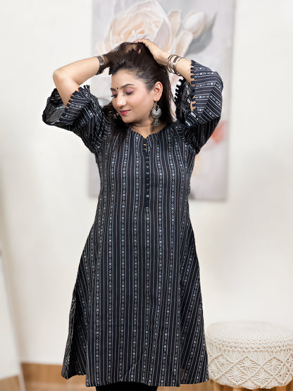 Cotton Midnight Black Geometric Stripe Tunic & Tulip Pant Set – Bohemian Ethnic (S–5XL)