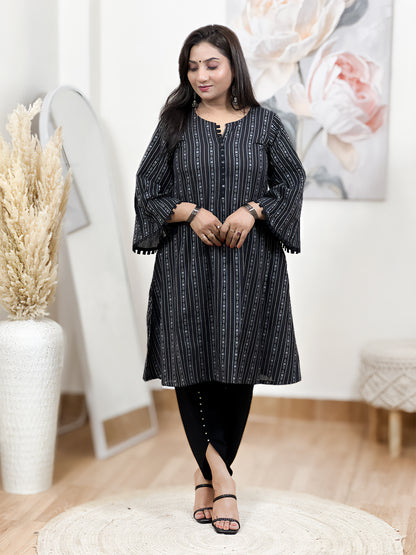 Cotton Midnight Black Geometric Stripe Tunic & Tulip Pant Set – Bohemian Ethnic (S–5XL)
