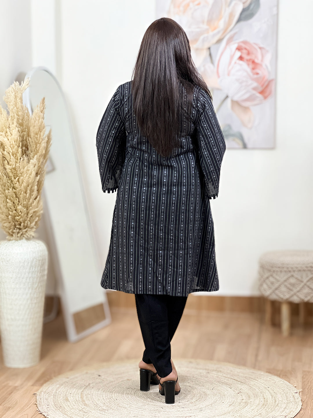 Cotton Midnight Black Geometric Stripe Tunic & Tulip Pant Set – Bohemian Ethnic (S–5XL)