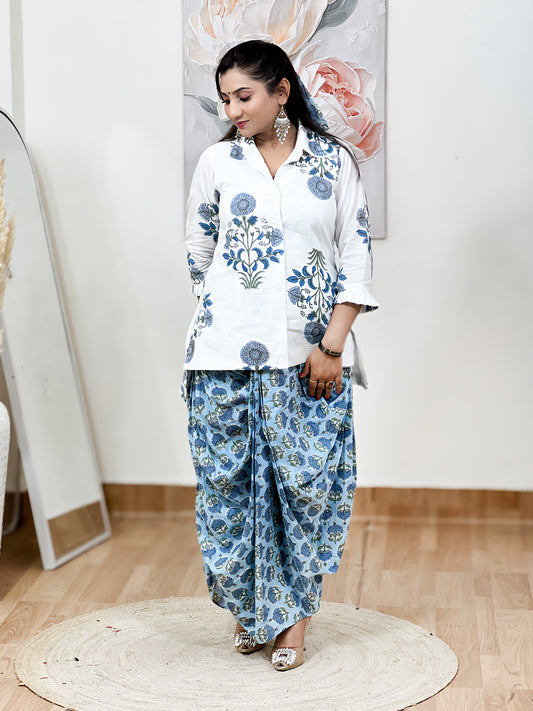 Cotton Sky Blue Floral Dhoti Shirt Set – Bohemian Ethnic