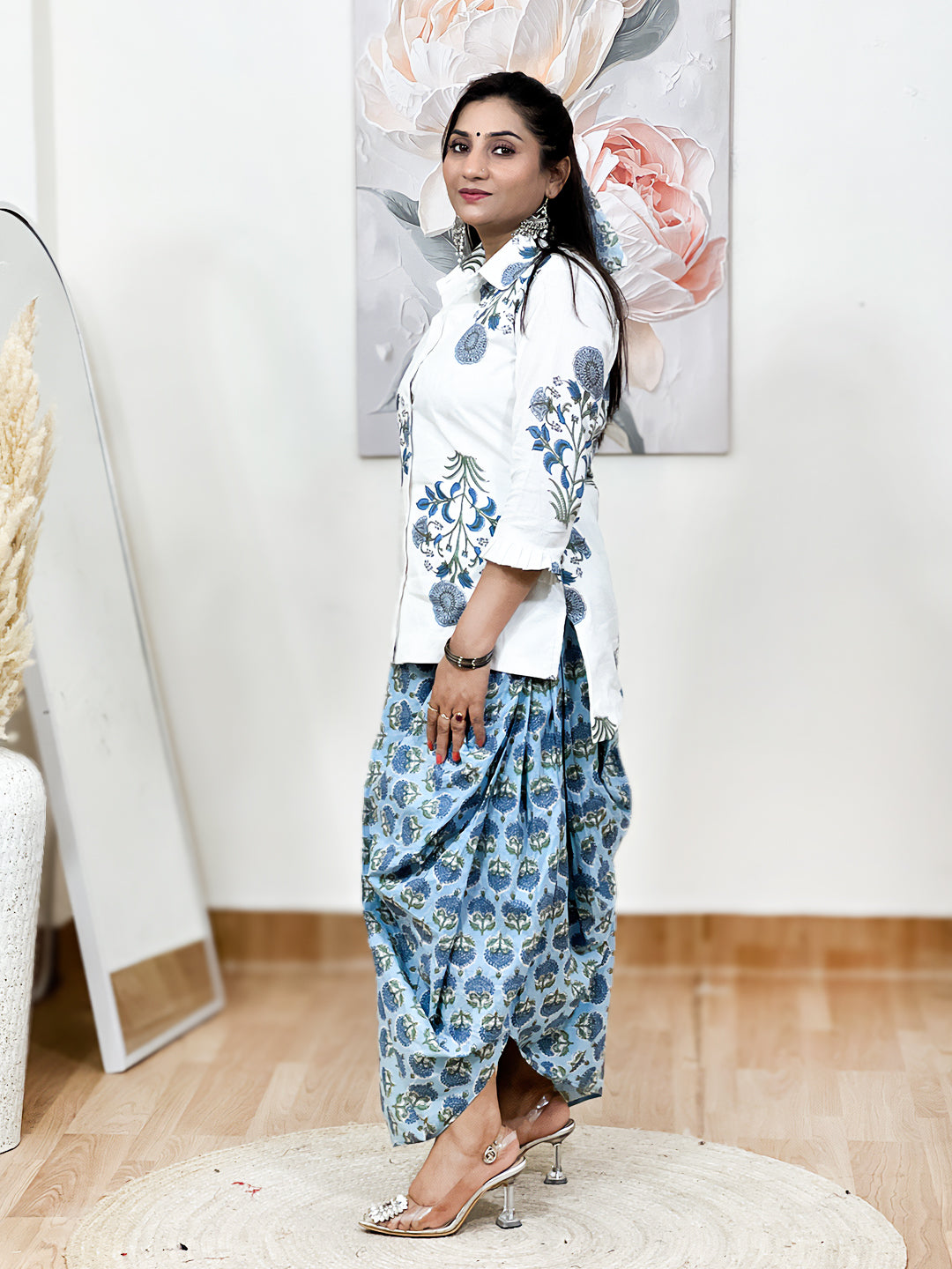 Cotton Sky Blue Floral Dhoti Shirt Set – Bohemian Ethnic