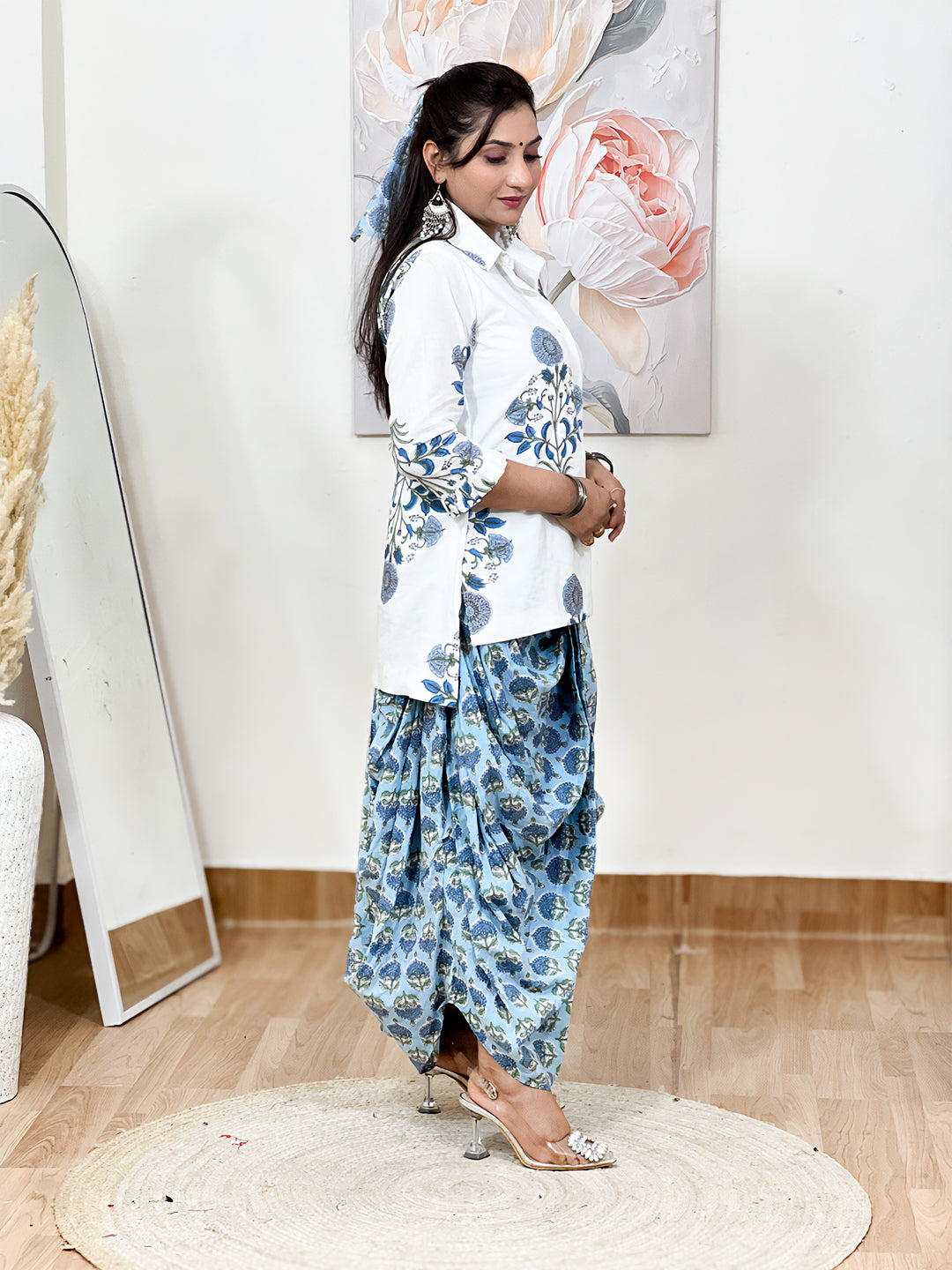 Cotton Sky Blue Floral Dhoti Shirt Set – Bohemian Ethnic