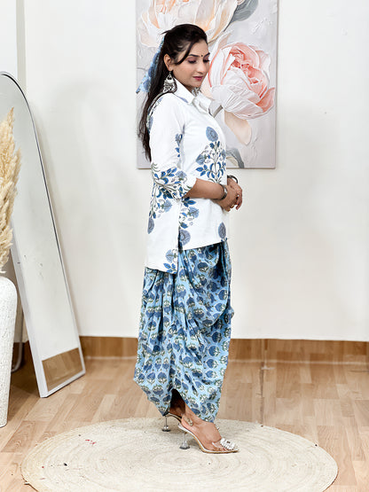 Cotton Sky Blue Floral Dhoti Shirt Set – Bohemian Ethnic