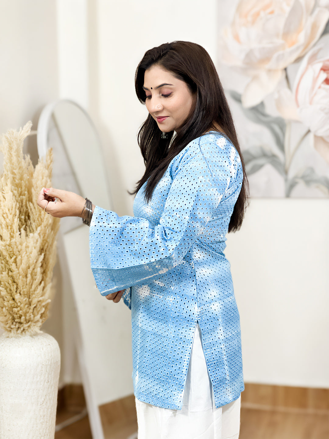 Cotton Sky Blue Hakoba Embroidery Short Kurti – Airy Elegant Charm (Only Kurti) (S–5XL)
