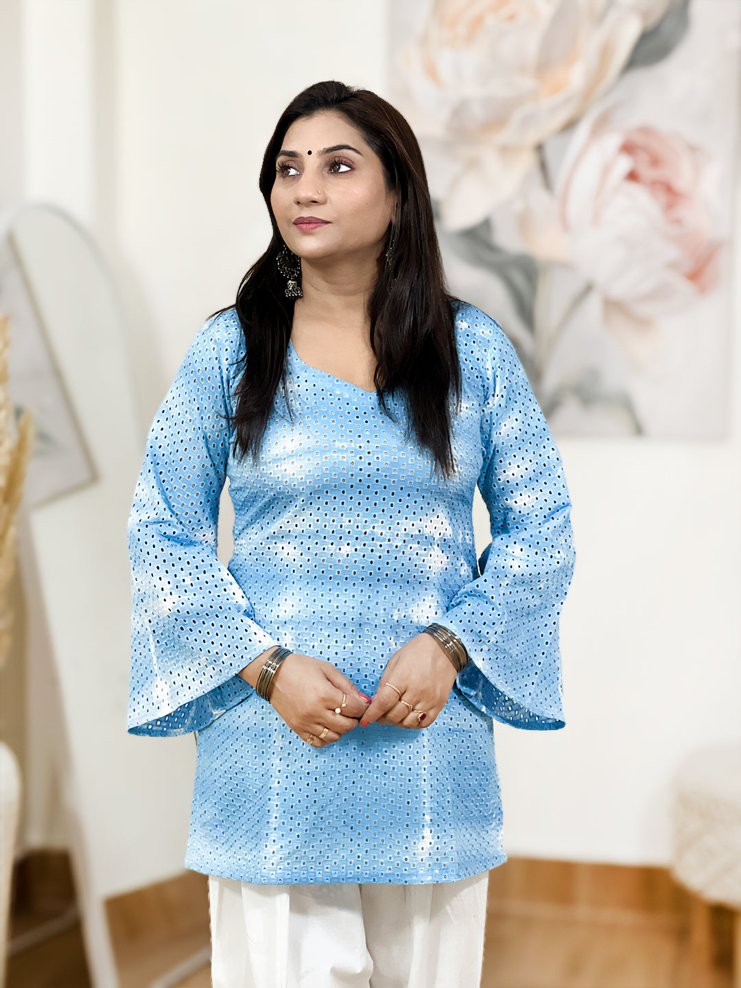 Cotton Sky Blue Hakoba Embroidery Short Kurti – Airy Elegant Charm (Only Kurti) (S–5XL)