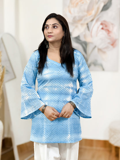 Cotton Sky Blue Hakoba Embroidery Short Kurti – Airy Elegant Charm (Only Kurti) (S–5XL)