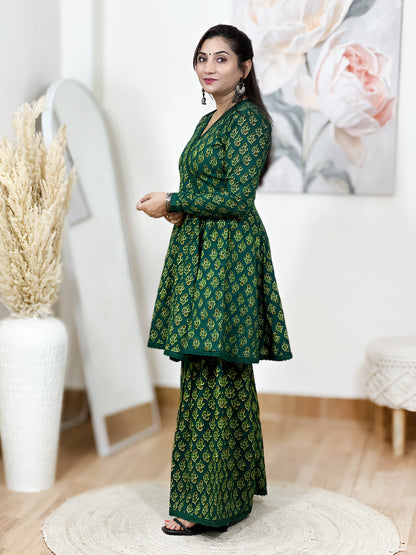 Cotton Emerald Green Angrakha Short Kurti Sharara Set – Bohemian Ethnic