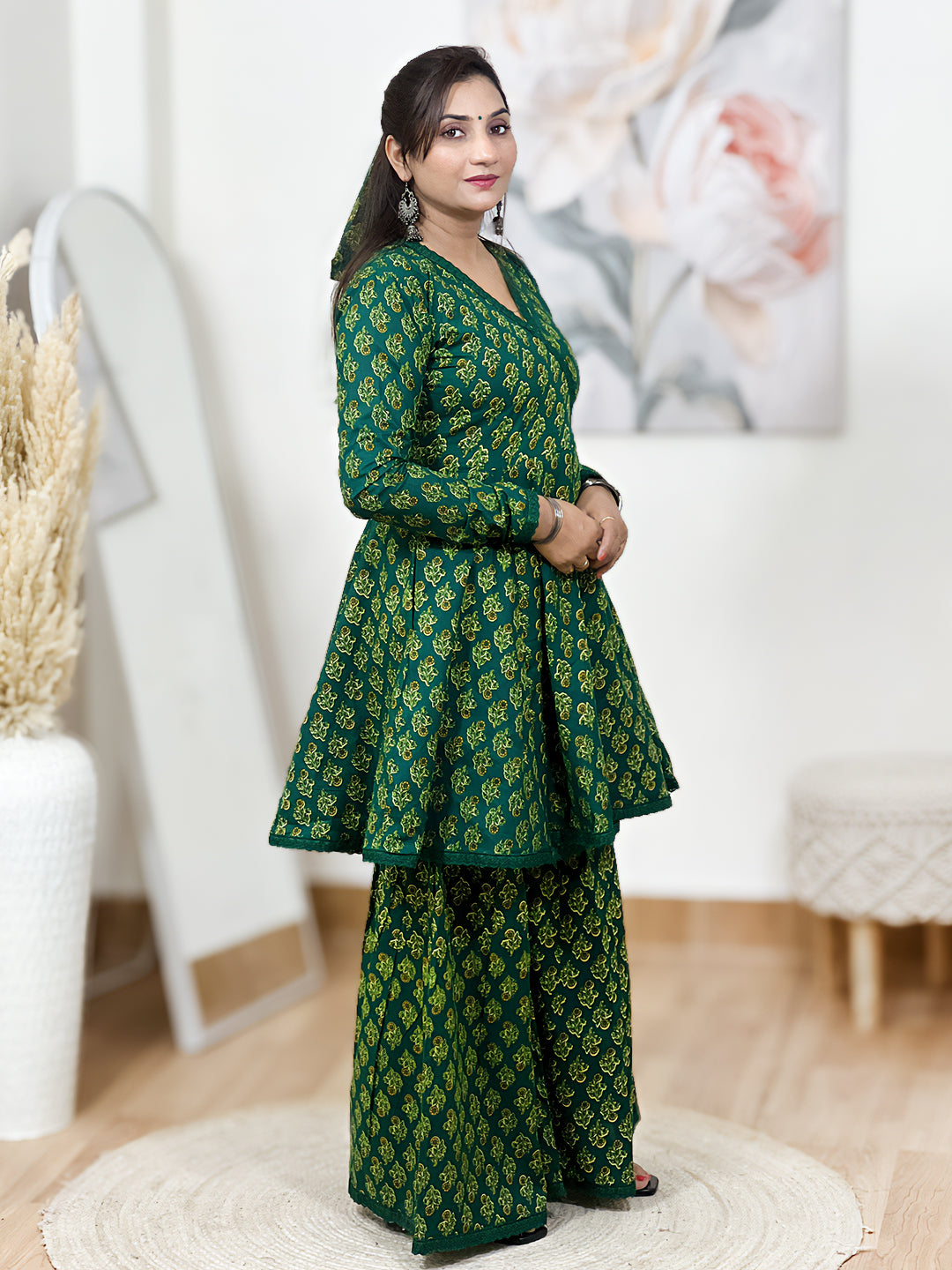 Cotton Emerald Green Angrakha Short Kurti Sharara Set – Bohemian Ethnic
