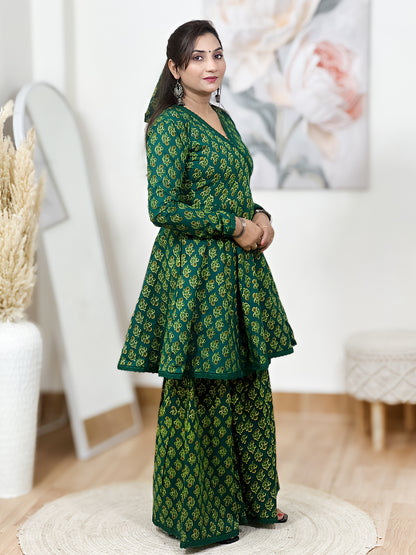 Cotton Emerald Green Angrakha Short Kurti Sharara Set – Bohemian Ethnic
