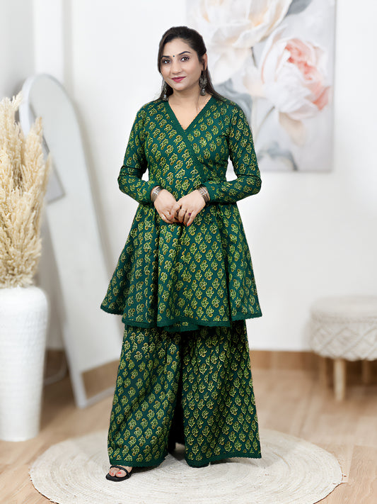 Cotton Emerald Green Angrakha Short Kurti Sharara Set – Bohemian Ethnic