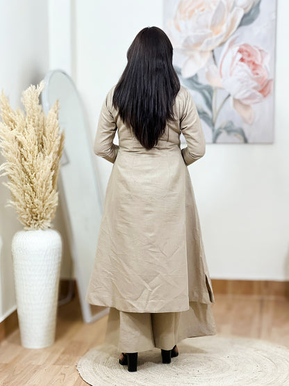 Cotton Slub Beige Front-Slit Long Kurta Palazzo Set – Bohemian Ethnic