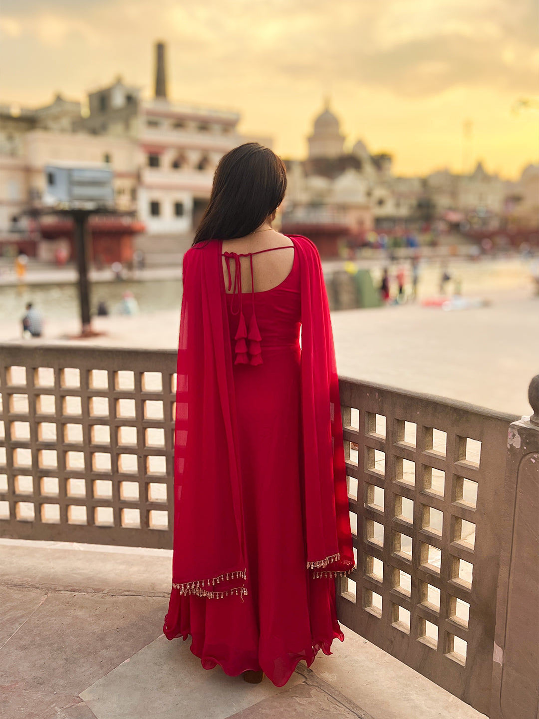 Georgette Crimson Rani Anarkali Gown with Dupatta – Bold Ethnic Festive (S–5XL)