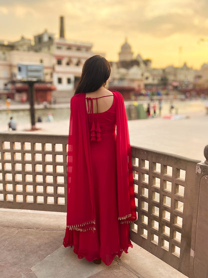 Georgette Crimson Rani Anarkali Gown with Dupatta – Bold Ethnic Festive (S–5XL)