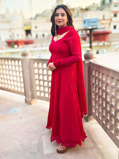 Georgette Crimson Rani Anarkali Gown with Dupatta – Bold Ethnic Festive (S–5XL)