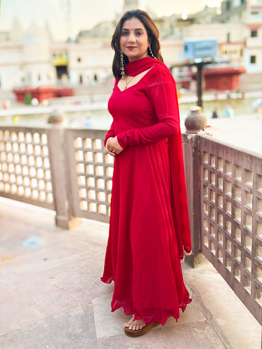 Georgette Crimson Rani Anarkali Gown with Dupatta – Bold Ethnic Festive (S–5XL)