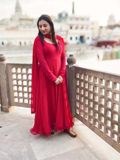 Georgette Crimson Rani Anarkali Gown with Dupatta – Bold Ethnic Festive (S–5XL)